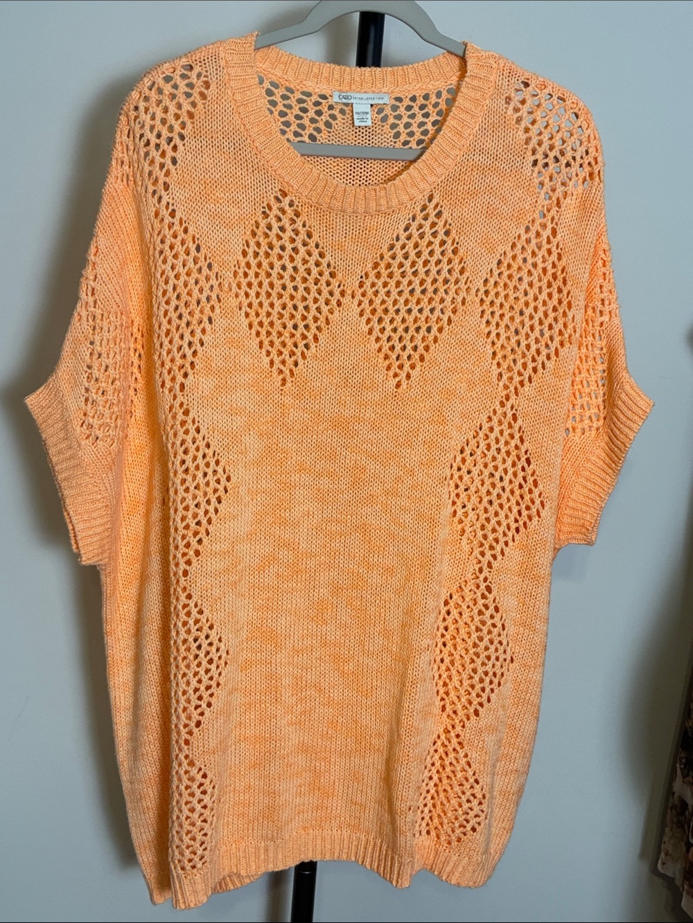 Cato Peach Orange Open-Knit Short Sleeve Tunic Sweater Plus Size 18/20